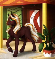 Size: 1920x2058 | Tagged: safe, artist:acry-artwork, oc, oc only, oc:arpeggio, earth pony, pony, plant, plant pot, solo