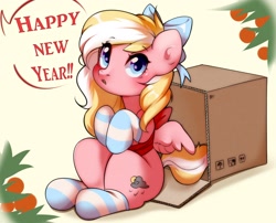 Size: 2712x2192 | Tagged: safe, artist:pledus, oc, oc only, oc:bay breeze, pegasus, pony, bow, box, clothes, happy new year, high res, holiday, sitting, socks, solo, striped socks