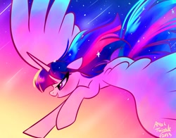 Size: 1368x1074 | Tagged: safe, artist:petaltwinkle, twilight sparkle, alicorn, pony, g4, determined, flying, large wings, long mane, long tail, open mouth, solo, tail, twilight sparkle (alicorn), windswept mane, wings
