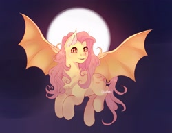 Size: 4096x3176 | Tagged: safe, artist:mauffiie, fluttershy, bat pony, pony, g4, bat ponified, cute, female, flutterbat, full moon, high res, looking at you, mare, moon, race swap, shyabetes, signature, smiling, smiling at you, solo, spread wings, wings