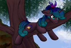 Size: 4840x3232 | Tagged: safe, alternate version, artist:aquamuro, oc, oc only, oc:angerona, pony, unicorn, ears back, feather, feather in hair, female, in a tree, mare, oda 997, panic, signature, solo, stuck, thousand yard stare, tree, tree branch