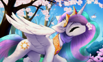 Size: 2822x1706 | Tagged: safe, artist:empress-twilight, princess celestia, alicorn, pony, cherry blossoms, chest fluff, concave belly, crown, cute, cutelestia, ear fluff, eyes closed, feathered wings, floppy ears, flower, flower blossom, flower in hair, flowing mane, jewelry, partially open wings, peytral, regalia, slim, smiling, sniffing, solo, thin, transparent mane, walking, wings