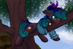 Size: 4840x3232 | Tagged: safe, alternate version, artist:aquamuro, oc, oc only, oc:angerona, pony, unicorn, clothes, ears back, feather, feather in hair, female, in a tree, jewelry, mare, oda 997, panic, signature, solo, stuck, thousand yard stare, tree, tree branch