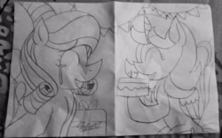 Size: 3580x2232 | Tagged: safe, artist:muhammad yunus, oc, oc only, oc:annisa trihapsari, oc:princess kincade, alicorn, earth pony, pony, balloon, birthday cake, cake, crying, duo, duo female, eyes closed, female, food, happy, happy birthday, hat, high res, open mouth, open smile, party hat, present, sketch, smiling, tears of joy, traditional art