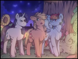 Size: 1920x1440 | Tagged: safe, artist:binibean, applejack, rainbow dash, rarity, earth pony, pegasus, pony, unicorn, g4, black eye, female, haunting nightmare, mare, night, trio