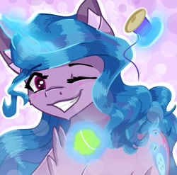 Size: 1024x1012 | Tagged: safe, artist:calaxsy, izzy moonbow, pony, unicorn, g5, abstract background, ball, blushing, chest fluff, cute, female, glowing, glowing horn, grin, horn, izzy's tennis ball, izzybetes, looking at you, magic, mare, one eye closed, signature, smiling, solo, telekinesis, tennis ball, thread, wink