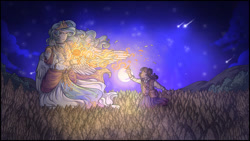 Size: 1280x720 | Tagged: safe, artist:binibean, princess celestia, twilight sparkle, human, g4, duo, eyes closed, female, full moon, grass, grass field, humanized, magic, moon, night, smiling, winged humanization, wings, younger