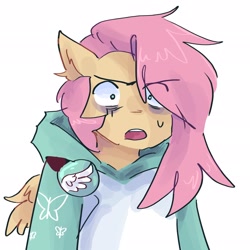 Size: 2048x2048 | Tagged: safe, artist:dmitrymemovznok, fluttershy, pegasus, anthro, g4, clothes, eye clipping through hair, high res, hoodie, looking at you, open mouth, shocked, shocked expression, simple background, solo, white background