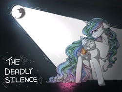 Size: 1920x1440 | Tagged: safe, artist:binibean, princess celestia, alicorn, pony, g4, element of magic, fanfic art, female, floppy ears, looking at something, looking down, mare, mare in the moon, missing accessory, moon, solo