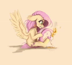 Size: 3344x3020 | Tagged: safe, artist:miokomata, fluttershy, pegasus, pony, g4, colored hooves, female, fire, floppy ears, freckles, freckleshy, gritted teeth, high res, looking at something, mare, panic, simple background, sitting, smoke, solo, spread wings, sweat, tail, teeth, wings, yellow background