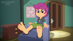 Size: 8000x4500 | Tagged: safe, alternate version, artist:metalhead97, scootaloo, human, equestria girls, equestria girls series, barefoot, chair, clothes, commission, feet, female, fetish, foot fetish, foot focus, indoors, looking at you, reclining, scootaloo is not amused, shoes, short hair, sitting, unamused