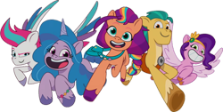 Size: 1312x661 | Tagged: safe, artist:pascalmulokozi2, edit, edited screencap, screencap, hitch trailblazer, izzy moonbow, pipp petals, sunny starscout, zipp storm, earth pony, pegasus, pony, unicorn, g5, my little pony: tell your tale, jumping, looking at you, male, mane five (g5), not a vector, render, simple background, stallion, transparent, transparent background, youtube