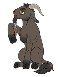 Size: 2048x2688 | Tagged: safe, artist:multiverseequine, derpibooru exclusive, oc, oc only, oc:o'chunks, goat, pony, alcohol, beer, beer bottle, bottle, chest fluff, cloven hooves, daybreak island, facial hair, full body, goat oc, goatee, high res, horizontal pupils, horns, leonine tail, male, rectangular pupil, short hair, sideburns, simple background, sitting, solo, tail, transparent background