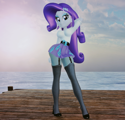 Size: 1471x1406 | Tagged: safe, rarity, equestria girls, 3d, beach, breasts, busty rarity, ear piercing, earring, female, garter belt leggings, garter straps, high heels, jewelry, looking at you, ocean, piercing, shoes, smiling, smiling at you, solo, solo female, sun, vam, virt-a-mate, virtual reality, water