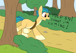 Size: 2000x1400 | Tagged: safe, artist:amateur-draw, hitch trailblazer, earth pony, pony, g5, forest, male, rope, running, stallion