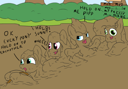 Size: 2000x1400 | Tagged: safe, artist:amateur-draw, izzy moonbow, pipp petals, sunny starscout, zipp storm, earth pony, pegasus, pony, unicorn, g5, covered in mud, female, mare, mud, mud bath, mud pony, muddy, muddy pipp, quicksand, rope, sinking, stuck, wet and messy
