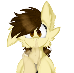 Size: 1054x1041 | Tagged: safe, artist:4agonism, derpibooru exclusive, oc, oc only, oc:a.w.k., oc:anon, earth pony, human, :<, boop, cheek fluff, chest fluff, cross-eyed, cute, disembodied hand, duo, ear fluff, earth pony oc, floppy ears, hand, male, ocbetes, offscreen character, offscreen human, offscreen male, one ear down, raised hooves, simple background, white background