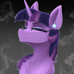 Size: 2480x2480 | Tagged: safe, artist:zpdea, twilight sparkle, pony, unicorn, g4, ear piercing, earring, high res, jewelry, looking at you, makeup, piercing, smoke, solo, unicorn twilight