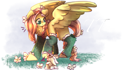 Size: 1280x720 | Tagged: safe, artist:teeteeplays, angel bunny, fluttershy, pegasus, pony, rabbit, g4, animal, clothes, duo, female, flower, flower in hair, mare, simple background, stockings, thigh highs, transparent background