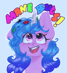 Size: 773x842 | Tagged: safe, artist:kreeeeeez, izzy moonbow, ant, beetle, insect, ladybug, pony, unicorn, g5, cute, female, happy, izzybetes, leaf, mare, open mouth, open smile, simple background, smiling, text