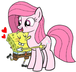 Size: 628x600 | Tagged: safe, artist:muhammad yunus, oc, oc:annisa trihapsari, earth pony, pony, g4, bucktooth, clothes, crossover, cute, duo, eyes closed, female, hair, heart, hug, long hair, male, mane, mare, not pinkamena, open mouth, open smile, pink body, pink eyes, pink hair, pink mane, simple background, smiling, spongebob squarepants, teeth, transparent background