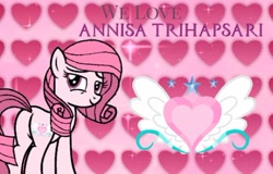 Size: 600x385 | Tagged: safe, artist:diamond-bases, artist:muhammad yunus, oc, oc only, oc:annisa trihapsari, earth pony, pony, g4, butt, earth pony oc, female, heart, heart background, looking at you, mare, pink background, plot, rearing, simple background, smiling, smiling at you, solo, sparkles