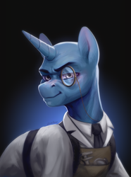Size: 1526x2049 | Tagged: safe, artist:jewellier, pony, unicorn, bald, bust, clothes, looking at you, male, max von krieger, monocle, ponified, portrait, simple background, solo, stallion, world of tanks