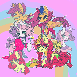 Size: 850x850 | Tagged: safe, artist:batthsalts, apple bloom, scootaloo, sweetie belle, earth pony, pegasus, pony, unicorn, clothes, cutie mark crusaders, female, heart, jewelry, older