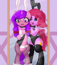 Size: 2000x2268 | Tagged: safe, artist:one4pony, oc, oc only, oc:candlelight warmth, oc:cheery bell, bat pony, pony, unicorn, semi-anthro, bat pony oc, blushing, bunny ears, bunny suit, bunny tail, clothes, female, horn, leotard, mirror, standing on two hooves, tail, unicorn oc