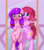 Size: 2000x2268 | Tagged: safe, alternate version, artist:one4pony, oc, oc only, oc:candlelight warmth, oc:cheery bell, bat pony, pony, unicorn, semi-anthro, arm hooves, bat pony oc, blushing, female, high res, horn, mirror, standing on two hooves, unicorn oc