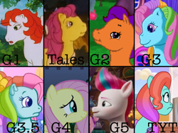 Size: 2400x1800 | Tagged: safe, edit, edited screencap, screencap, fluttershy, jazz hooves, paradise, rainbow dash (g3), zipp storm, earth pony, pegasus, pony, baby critters, g1, g2, g3, g3.5, g5, my little pony tales, my little pony: a new generation, my little pony: tell your tale, spoiler:g5, spoiler:my little pony: a new generation, spoiler:my little pony: tell your tale, spoiler:tyts01e32, bag, comparison, female, frown, looking at you, looking down, looking up, mare, my little pony friendship gardens, side view, smiling, text