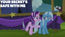 Size: 1280x720 | Tagged: safe, edit, edited screencap, editor:quoterific, screencap, starlight glimmer, trixie, pony, unicorn, g4, no second prances, duo, duo female, female, frown, looking at each other, looking at someone, mare, open mouth, open smile, smiling, standing on two hooves