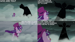 Size: 4400x2475 | Tagged: safe, edit, edited screencap, editor:quoterific, screencap, princess luna, snowfall frost, spirit of hearth's warming yet to come, starlight glimmer, alicorn, pony, unicorn, a hearth's warming tail, g4, female, fog, frown, glasses, hat, mare, mist, open mouth, open smile, shadow, silhouette, smiling, snow, snowfall, spread wings, top hat, wings