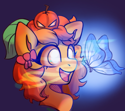 Size: 604x539 | Tagged: safe, artist:melonlicious, oc, oc only, butterfly, pony, bow, bust, commission, glowing, hair bow, head, headshot commission, long hair, looking at something, open mouth, open smile, orange hair, orange mane, orange skin, portrait, pumpkin, simple background, smiling, solo, teeth, white eyes