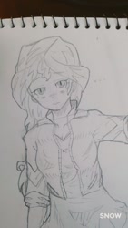 Size: 576x1024 | Tagged: safe, artist:maren, sunset shimmer, human, equestria girls, g4, ..., 2017, blushing, doodle, female, leaning, looking at you, messy hair, old art, solo, traditional art