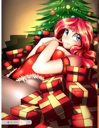 Size: 1593x2048 | Tagged: safe, artist:maren, sunset shimmer, human, equestria girls, g4, 2017, christmas, christmas presents, christmas tree, clothes, digital art, female, fishnet pantyhose, garter, holiday, leotard, lying down, old art, on back, present, solo, tree