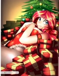 Size: 1593x2048 | Tagged: safe, artist:maren, sunset shimmer, equestria girls, christmas, christmas presents, christmas tree, clothes, digital art, female, fishnet pantyhose, garter, holiday, leotard, lying down, on back, present, solo, tree
