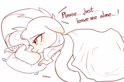 Size: 3891x2600 | Tagged: safe, artist:maren, sunset shimmer, pony, unicorn, g4, 2020, blanket, crying, depressed, dialogue, female, high res, leave me alone, looking away, lying down, mare, monochrome, old art, pillow, prone, sad, sketch, solo, sunsad shimmer