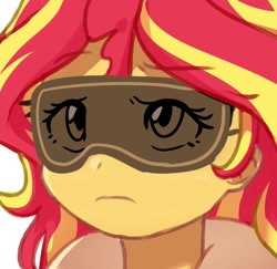 Size: 1036x1009 | Tagged: safe, artist:maren, sunset shimmer, human, equestria girls, g4, 2020, bust, female, frown, old art, portrait, simple background, sleep mask, sleeping, solo, white background