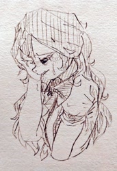 Size: 701x1024 | Tagged: safe, artist:maren, sunset shimmer, human, equestria girls, g4, 2020, bust, crying, female, hand on face, lip bite, looking down, old art, sad, sketch, solo, traditional art