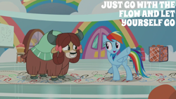 Size: 1920x1080 | Tagged: safe, edit, edited screencap, editor:quoterific, screencap, rainbow dash, yona, pegasus, pony, yak, g4, she's all yak, bow, dance steps, duo, duo female, encouragement, female, grin, hair bow, mare, monkey swings, open mouth, open smile, outstretched hoof, smiling, teenager, tips