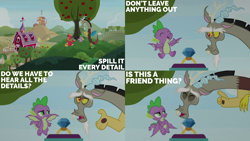 Size: 2000x1125 | Tagged: safe, edit, edited screencap, editor:quoterific, screencap, big macintosh, discord, spike, draconequus, dragon, earth pony, pony, g4, the big mac question, apple, apple tree, barn, big macintosh's yoke, crossed arms, discord is not amused, duo focus, excitement, facial hair, flying, goatee, horse collar, jewelry, male, open mouth, open smile, ring, smiling, snaggletooth, spike is not amused, spread wings, stallion, sweet apple acres, tree, trio, trio male, unamused, unshorn fetlocks, winged spike, wings