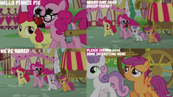 Size: 4400x2475 | Tagged: safe, edit, edited screencap, editor:quoterific, screencap, apple bloom, pinkie pie, scootaloo, sweetie belle, earth pony, pegasus, pony, unicorn, g4, the one where pinkie pie knows, apple bloom's bow, bow, cutie mark crusaders, female, filly, foal, groucho mask, hair bow, mare, walking