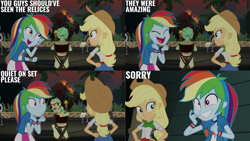 Size: 2000x1125 | Tagged: safe, edit, edited screencap, editor:quoterific, screencap, applejack, canter zoom, rainbow dash, human, equestria girls, equestria girls specials, g4, my little pony equestria girls: movie magic, adorkable, annoyed, apology, applejack's hat, canter zoom is not amused, chair, cowboy hat, cute, dashabetes, director's chair, dork, excited, eyes closed, female, freckles, frown, hand on hip, hat, male, oops, shushing, sorry, trio, turning, unamused, whoops