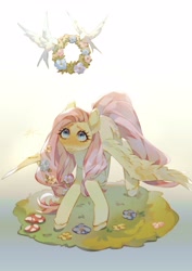 Size: 2480x3508 | Tagged: safe, artist:bak89329971, fluttershy, bird, dove, pegasus, pony, g4, blushing, cute, floral head wreath, flower, high res, looking up, shyabetes, solo, wings