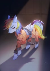 Size: 1448x2048 | Tagged: safe, artist:bak89329971, rainbow dash, pegasus, pony, g4, bound wings, chained, chains, clothes, commissioner:rainbowdash69, cuffs, female, jumpsuit, mare, never doubt rainbowdash69's involvement, prison outfit, prisoner rd, shackles, solo, wings