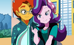Size: 2300x1395 | Tagged: safe, artist:studiodraw, starlight glimmer, sunburst, human, equestria girls, g4, beanie, cloak, clothes, duo, equestria girls-ified, facial hair, female, glasses, goatee, hat, male, ship:starburst, shipping, smiling, straight, sunburst's cloak