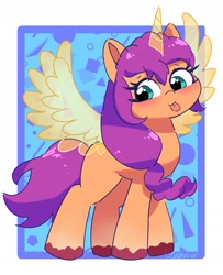 Size: 1722x2124 | Tagged: safe, artist:leo19969525, sunny starscout, alicorn, pony, g5, :p, blushing, cute, ears, ears up, female, green eyes, hair, horn, mane, mare, race swap, solo, spread wings, sunnybetes, sunnycorn, tail, tongue out, wings