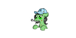 Size: 1643x828 | Tagged: safe, artist:nismorose, oc, oc:anon, oc:filly anon, cap, chest fluff, dirty, ear fluff, female, filly, floppy ears, foal, half body, happy, hat, honda, messy, mouth hold, simple background, white background, wrench