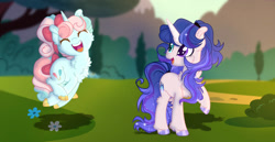 Size: 1242x643 | Tagged: safe, artist:selenavivacity, artist:xxcheerupxxx, oc, oc only, oc:dimensional aura, oc:pop rocks, pony, unicorn, base used, bow, chest fluff, colored hooves, colored horn, colored pupils, duo, duo female, ear fluff, eyes closed, female, flower, fluffy, grass, hair bow, heterochromia, horn, jumping, mountain, offspring, outdoors, parent:flash sentry, parent:party favor, parent:pinkie pie, parent:twilight sparkle, parents:flashlight, parents:partypie, ponytail, shadow, sparkly mane, tree, unicorn oc, unshorn fetlocks